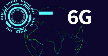 Composition of 6g text with scope scanning and planet earth. global networks and connection concept...