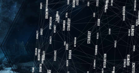 Composition of technology text and network of connections over blue background. global connections,...