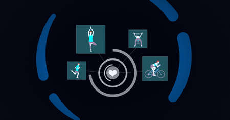 Composition of sports icons with scope scanning and blue circle on black background. global sports, physical activity, medicine and data processing concept digitally generated image.の写真素材