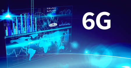 Composition of 6g text with data processing and blue glowing light trails of connections. global...