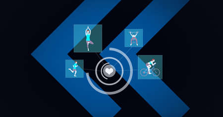 Composition of sports icons with scope scanning and blue arrows on black background. global sports, physical activity, medicine and data processing concept digitally generated image.の写真素材