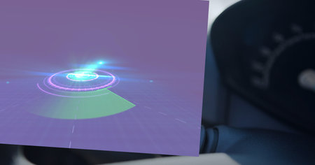 Composition of digital screen with data processing over man driving car. global business, technology...