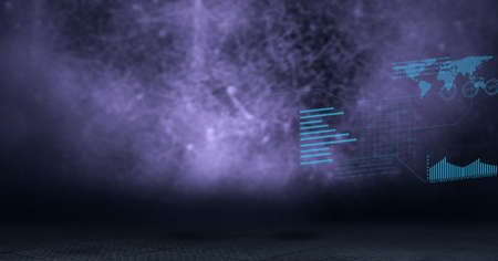 Composition of interactive screen with data processing over purple background. global business,...