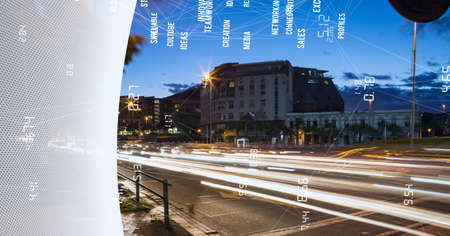 Composition of network of connections with business text over cityscape. global business, connections and technology concept digitally generated image.の写真素材