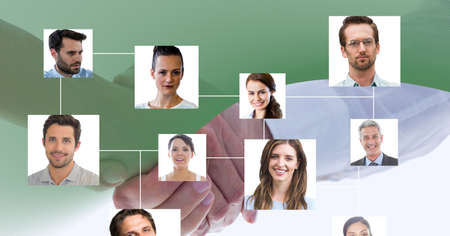 Green technology background over network of profile icons against two businessmen shaking hands. global networking and business technology conceptの写真素材