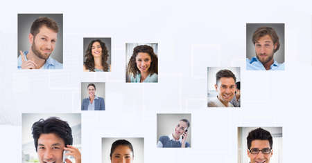 Network of profile icons against abstract shapes on white background. global networking and business...