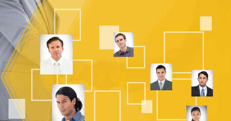 Yellow technology background over network of profile icons against two businessmen shaking hands. global networking and business technology conceptの写真素材