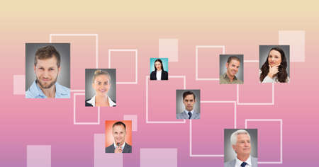 Network of profile icons against pink and yellow gradient background. global networking and business...