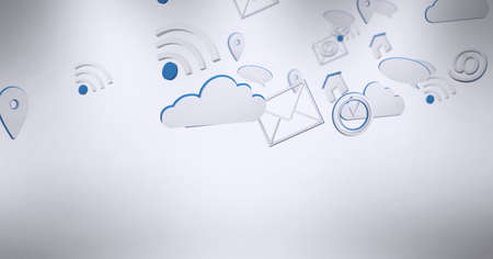 Digitally generated image of multiple digital icons against grey background. computer interface and technology conceptの写真素材