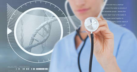 Composition of caucasian female doctor over digital interface with dna strand. global medicine and...