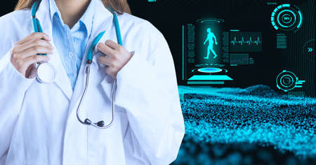 Composition of female doctor over virtual screen with medical icons on black background. global medicine and digital interface concept digitally generated image.の写真素材