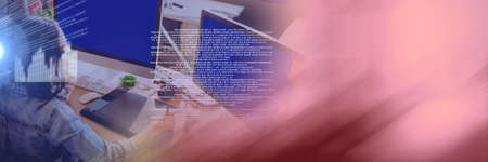 Composition of data processing over businesswoman working in office with pink background. global...