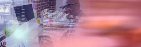 Composition of data processing over businessman working in office with pink background. global business and technology concept digitally generated image.の写真素材