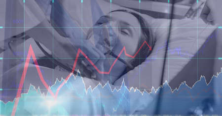 Composition of medical data processing over female patient with oxygen mask checked with...
