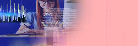 Composition of data processing over businesswoman working in office with pink background. global...