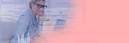Composition of data processing over businesswoman working in office with pink background. global...