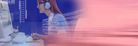 Composition of data processing over businesswoman working in office with pink background. global...