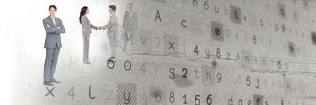 Composition of letters processing over businessman handshake in background. global business finance...