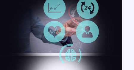 Composition of businessman touching screen with icons and medical data. global biometric technology...