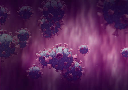 virus cells floating over a purple background,  pandemic concepts. digitally generated imageの写真素材