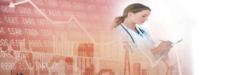 Composition of financial data processing over female doctor. medicine and healthcare services concept digitally generated image.の写真素材