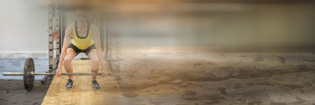 Composition of woman lifting weights in gym with blurred grey light. exercise, gym equipment and...