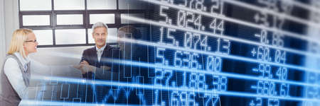 Composition of financial data processing over businesswomen shaking hands. digital interface,...