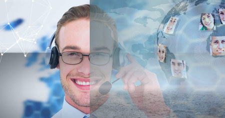 Composition of smiling businessman wearing phone headset with network of people&#39;s photographs. global networking, business, technology and digital interface concept digitally generated image.の写真素材