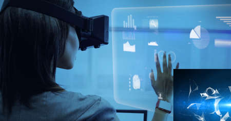 Composition of businesswoman wearing vr headset touching interactive screen. global business,...