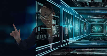 Composition of businesswoman touching interactive screen with medical data processing. global...