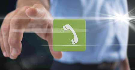 Composition of phone symbol on green tile over midsection of man using virtual interface. global...
