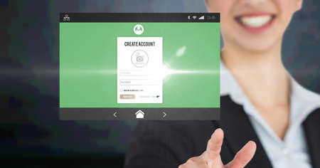Composition of smiling businesswoman using interface account create screen. global business,...