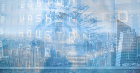 Composition of woman's eye and flight information over cityscape. global business travel and...