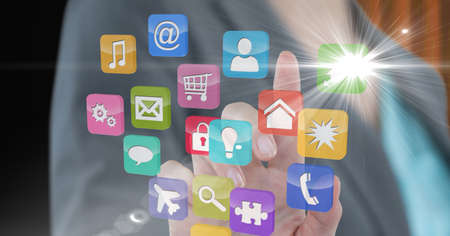 Composition of businesswoman touching screen with digital colouruful icons. global communication,...