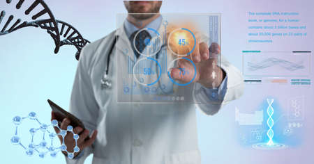 Composition of male doctor touching screen with medical data processing. global medicine and...