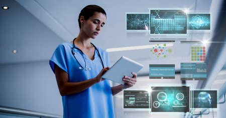 Composition of female doctor using tablet and screens with medical data processing. global medicine...