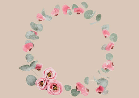 Illustration of floral round frame and copy space on beige background. flowers and writing space concept digitally generated image.の写真素材