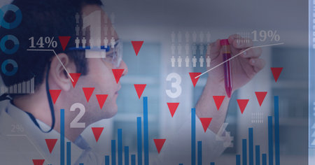 Data and analysis against health worker wearing glasses and handling a tube. hospital background...
