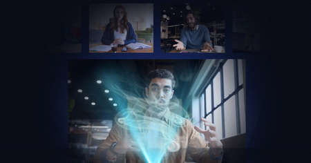 Composition of green trails over people at work on video call. global online connection and digital...