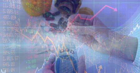 Financial data processing of person using glucometer and pills, economy and healthcare concepts. digitally generated image.の写真素材