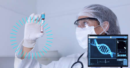 Composition of scope, screen with dna over doctor in ppe suit holding covid 19 test tube. global...