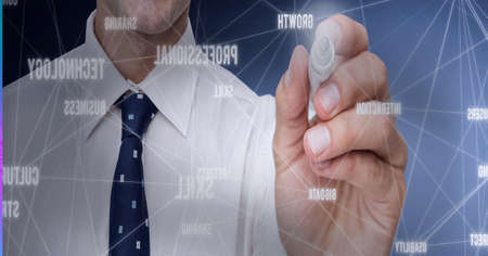 Business concept texts and network of connections against business writing on invisible screen. global networking and technology conceptの写真素材