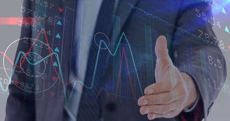 Stock market data processing against mid section of businessman approaching for a hand shake. global...