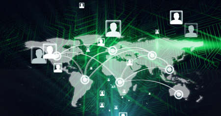 Composition of network of people connections with world map on circuit board. global networking,...