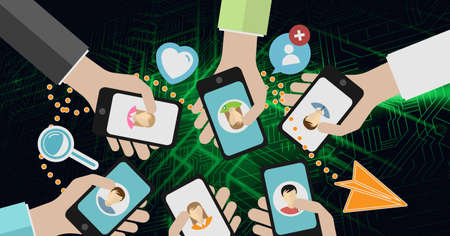 Composition of network of people holding smartphones with social media icons on circuit board. global networking, technology and connections concept digitally generated image.の写真素材
