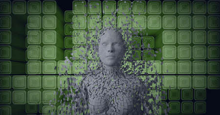 Composition of exploding human bust formed with grey particles and green cubes background. global online identity and security concept digitally generated image.の写真素材