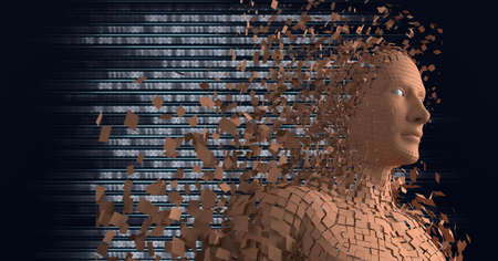 Composition of exploding human bust formed with orange particles and binary coding. global science,...