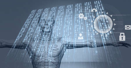 Composition of binary coding and digital icons over human body. global science, technology and data...