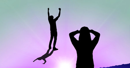 Composition of silhouette of man with arms in air and woman devastated and copy space. sport,...