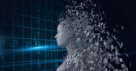 Composition of exploding human bust formed with grey particles and data processing. global online...